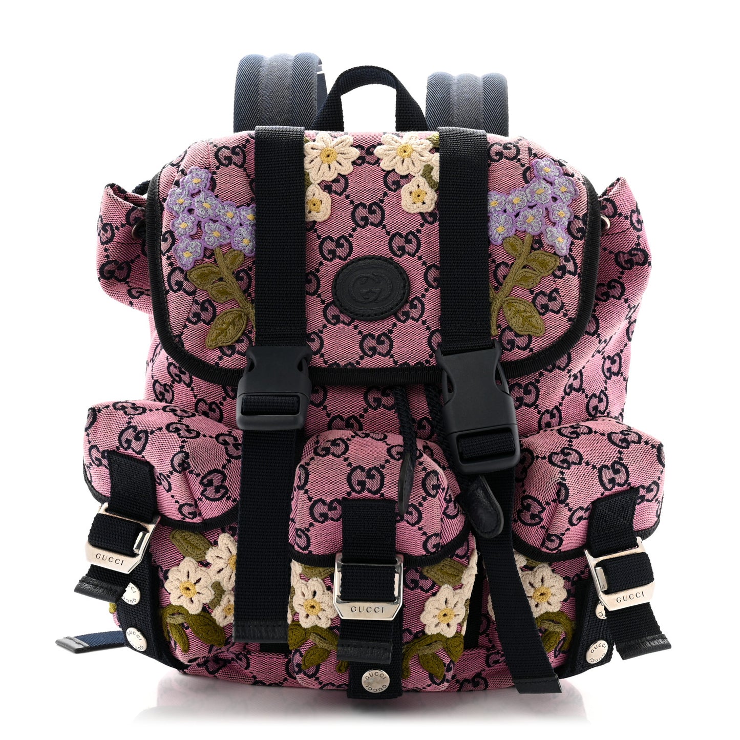 Monogram Multicolor Floral Embroidered Large Retro Interlocking G Three Pocket Backpack Pink Blue Multicolor