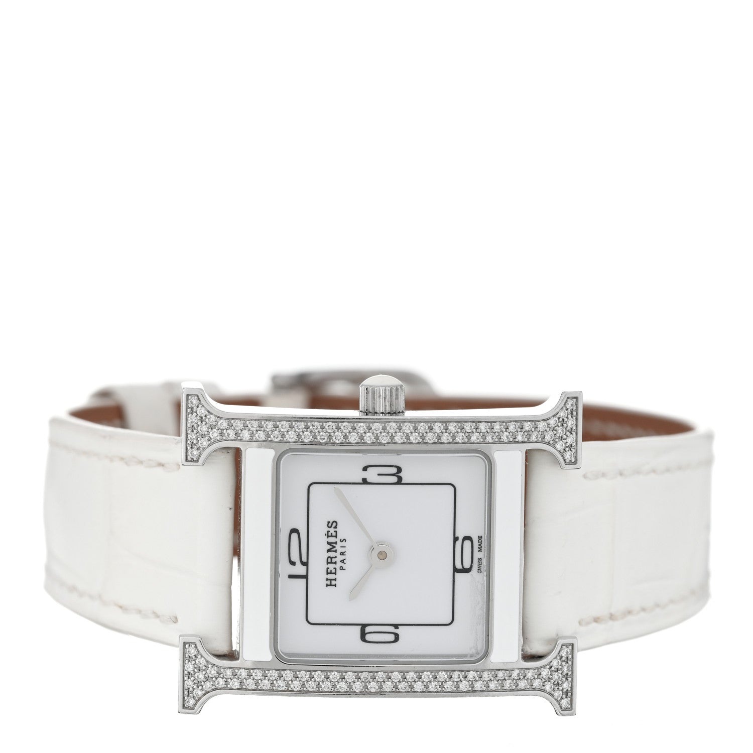 稼働品 HERMES HA3.220 レディース腕時計 白色文字盤 三針デイト Hermes Stainless Steel Alligator Diamond Bezel Lacquer 21mm Heure