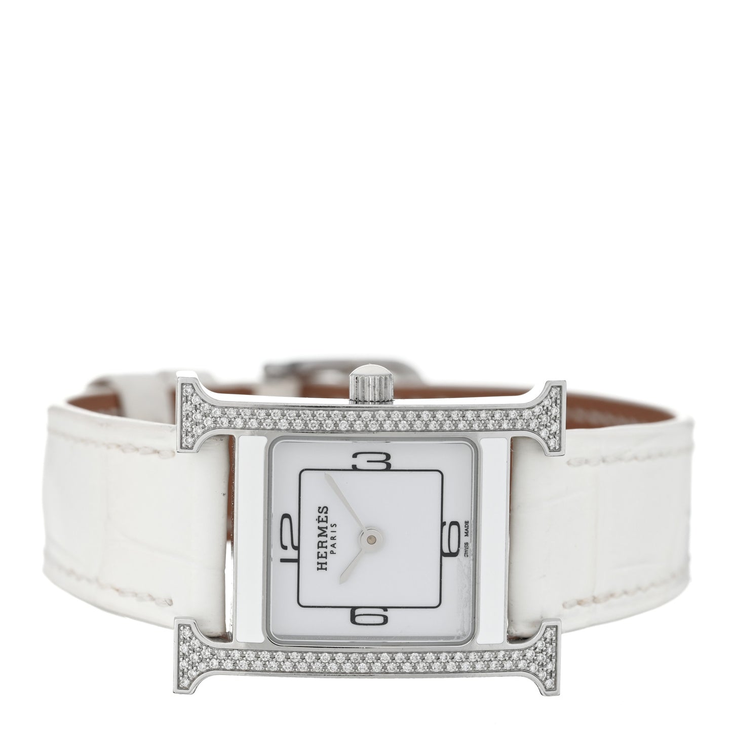 Stainless Steel Alligator Diamond Bezel Lacquer 21mm Heure H Hour Double Jeu Quartz Watch Blanc