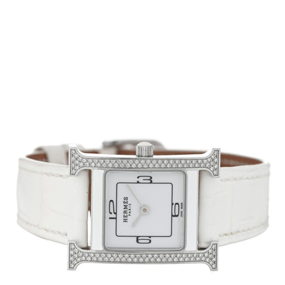 Hermes Stainless Steel Alligator Diamond Bezel Lacquer 21mm Heure H Hour Double Jeu Quartz Watch Blanc 2 of 5