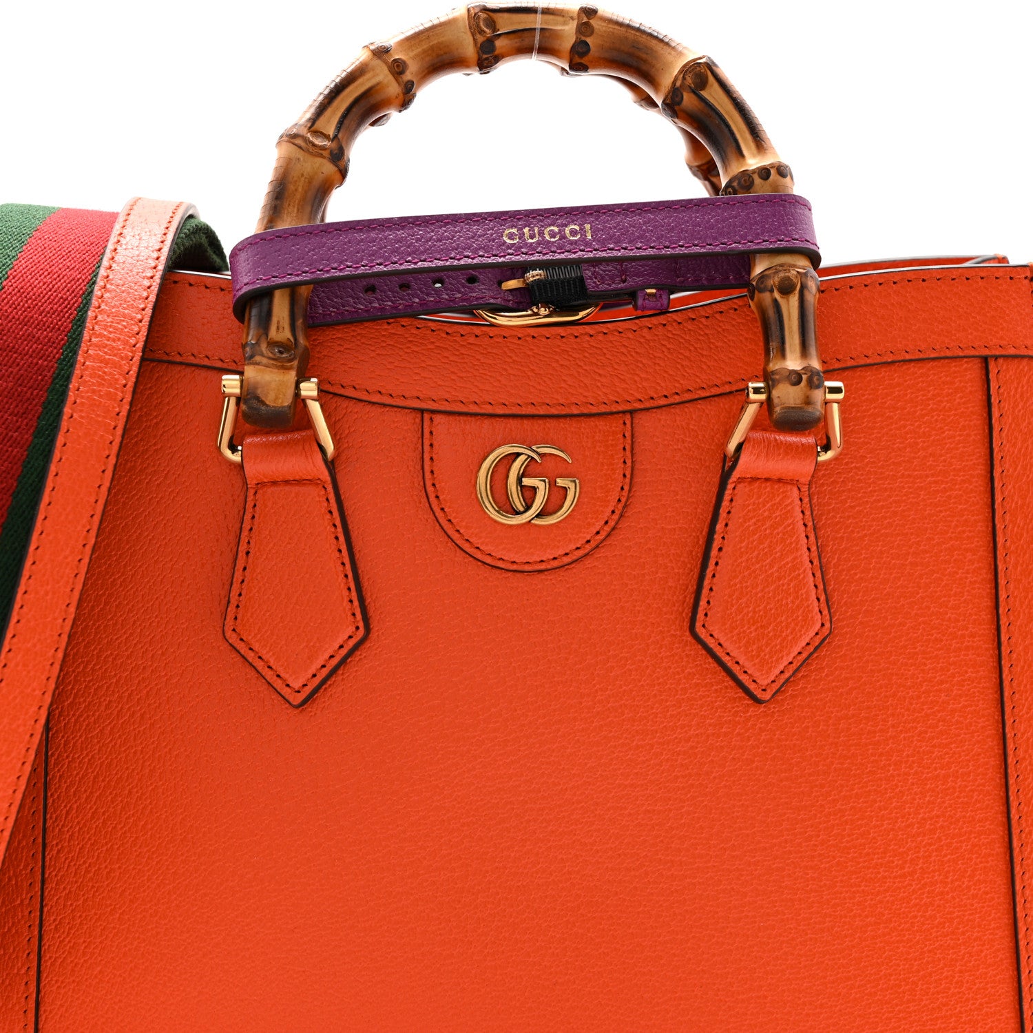 Gucci Textured Dollar Calfskin Web Small Diana Tote Bag Deep Orange Spicy Cyclamin 7 of 9