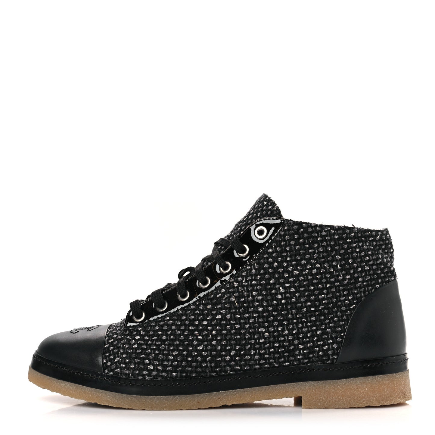 Tweed Calfskin Patent CC Lace Up Short Boots 42 Black Grey Dark Navy