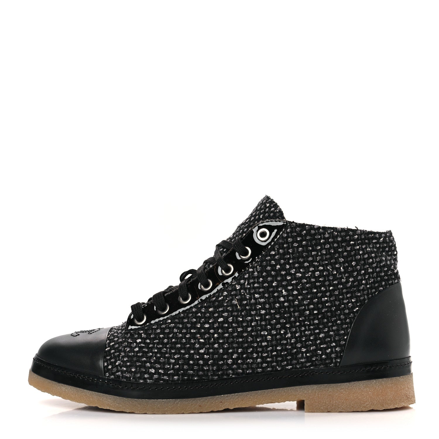 Chanel Tweed Calfskin Patent CC Lace Up Short Boots 42 Black Grey Dark Navy 1 of 8