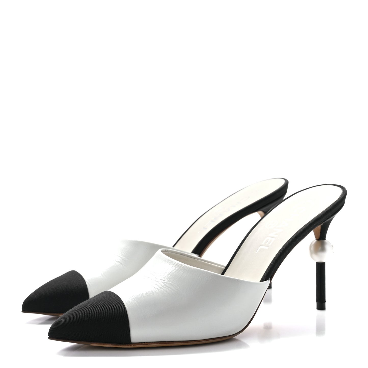 Patent Lambskin Grosgrain Cap Toe Pearl Mule 39.5 White Black
