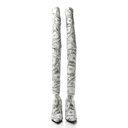 Balenciaga Spandex Dollars Print Pointed Toe Knife Thigh High Boots 37 Green 2 of 5