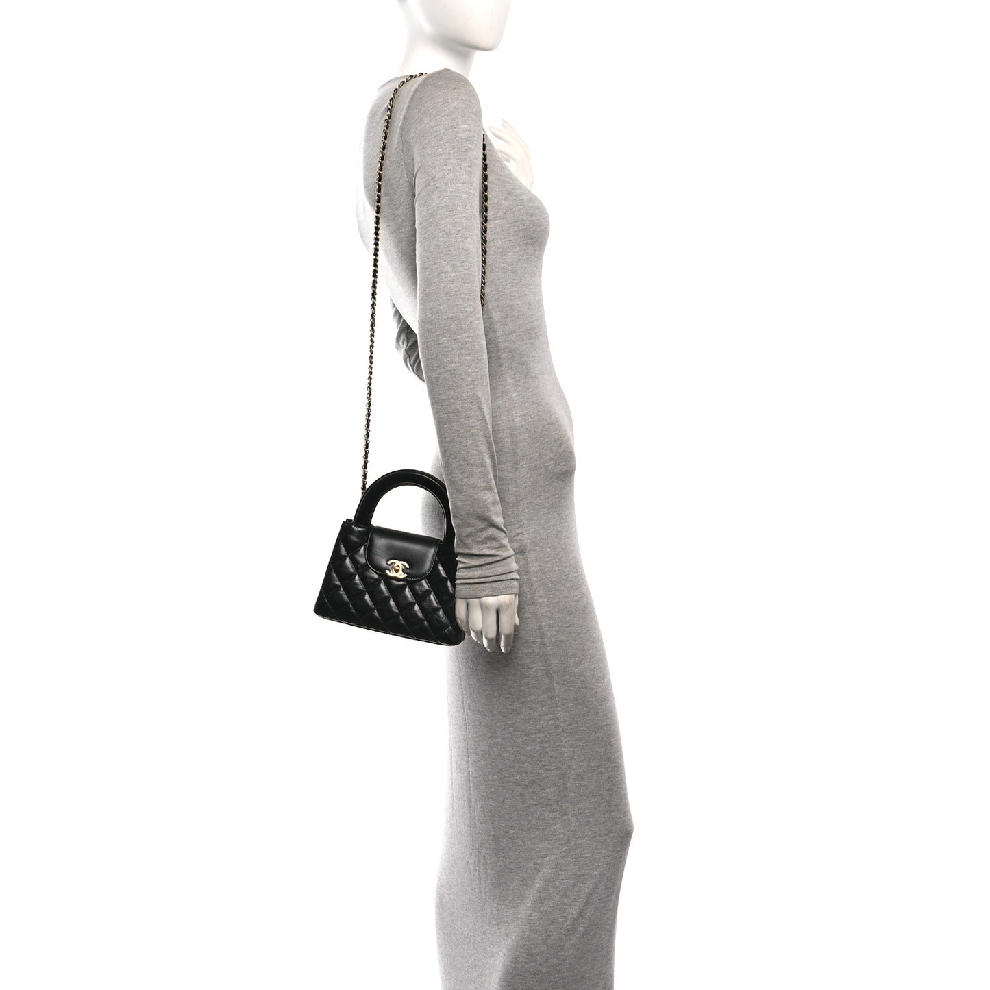 Shiny Aged Calfskin Quilted Nano Kelly Shopper Black