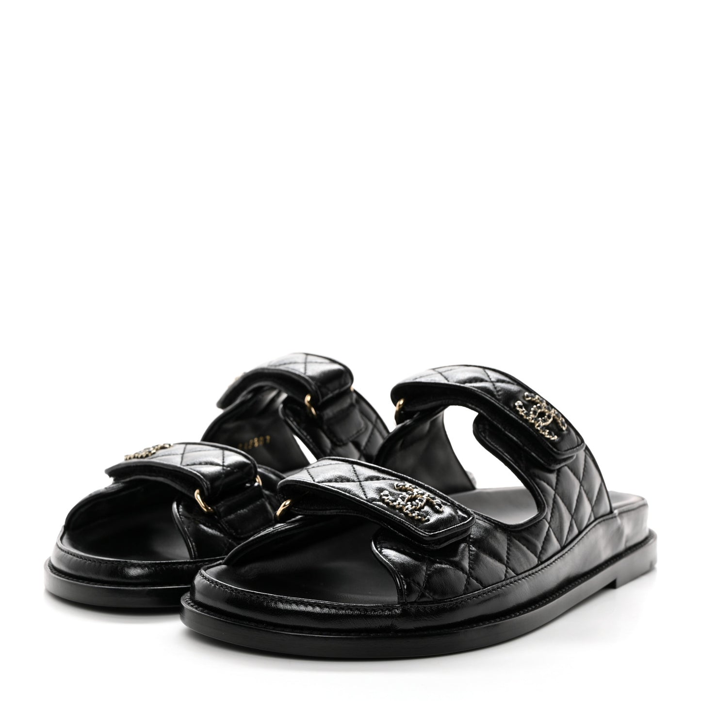 Lambskin Quilted Velcro Dad Chain CC Slide Sandals 39.5 Black