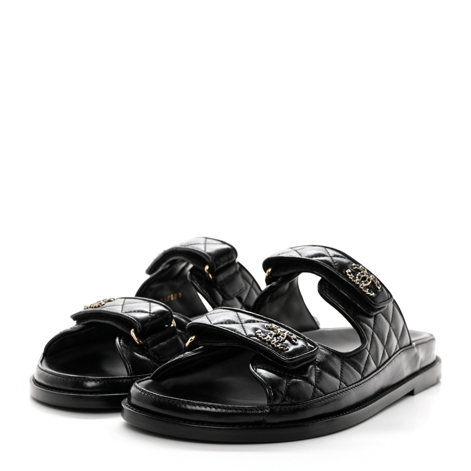 Chanel Lambskin Quilted Velcro Dad Chain CC Slide Sandals 39.5 Black 3 of 10