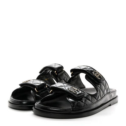 Chanel Lambskin Quilted Velcro Dad Chain CC Slide Sandals 39.5 Black 3 of 10