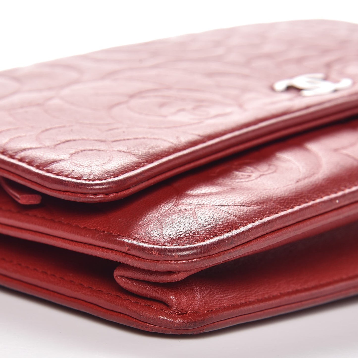 Lambskin Camellia Embossed Wallet On Chain WOC Dark Red