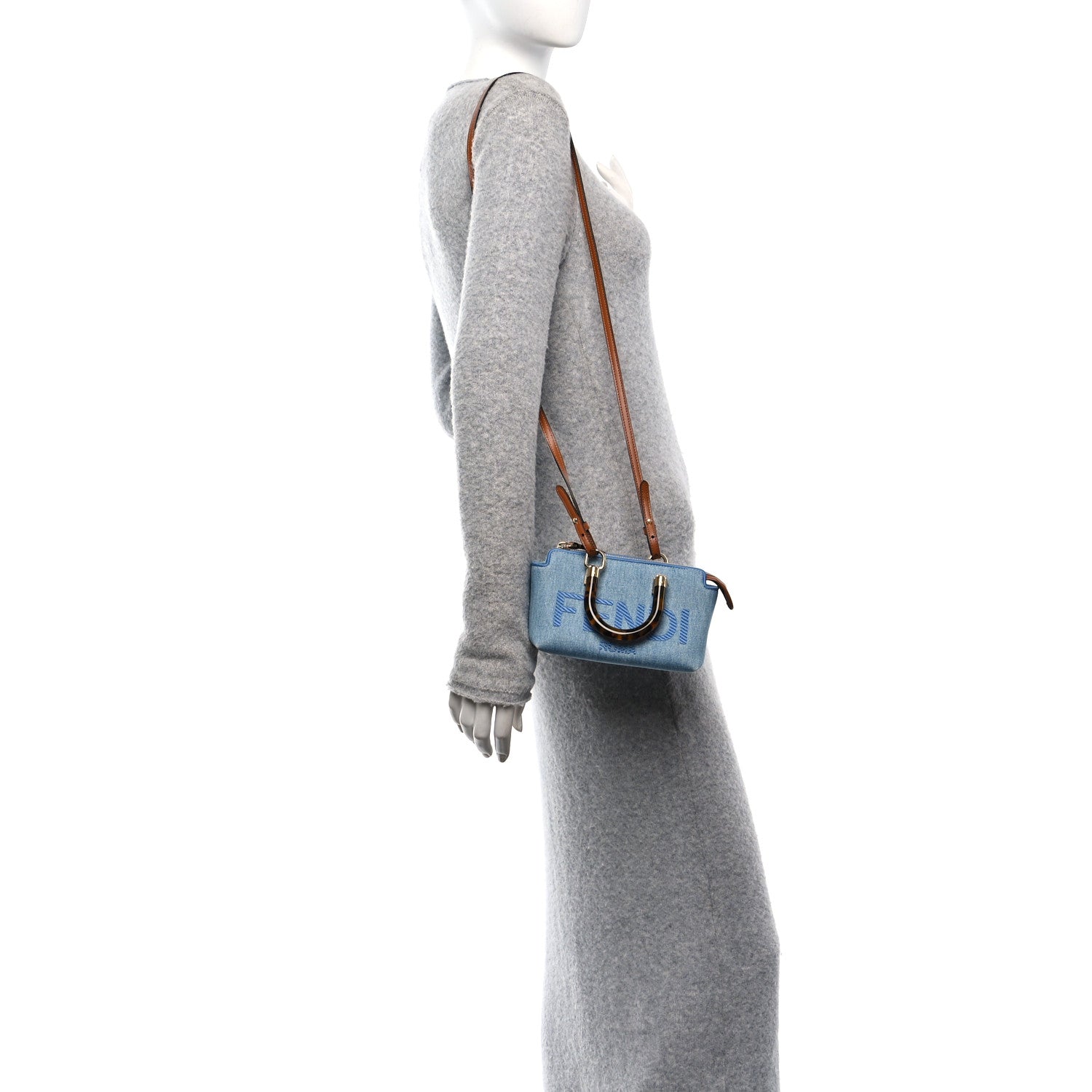 Fendi Denim Vitello King Plexiglass Logo Embroidered Mini By The Way Top Handle Boston Bag Denim Cuoio 2 of 10