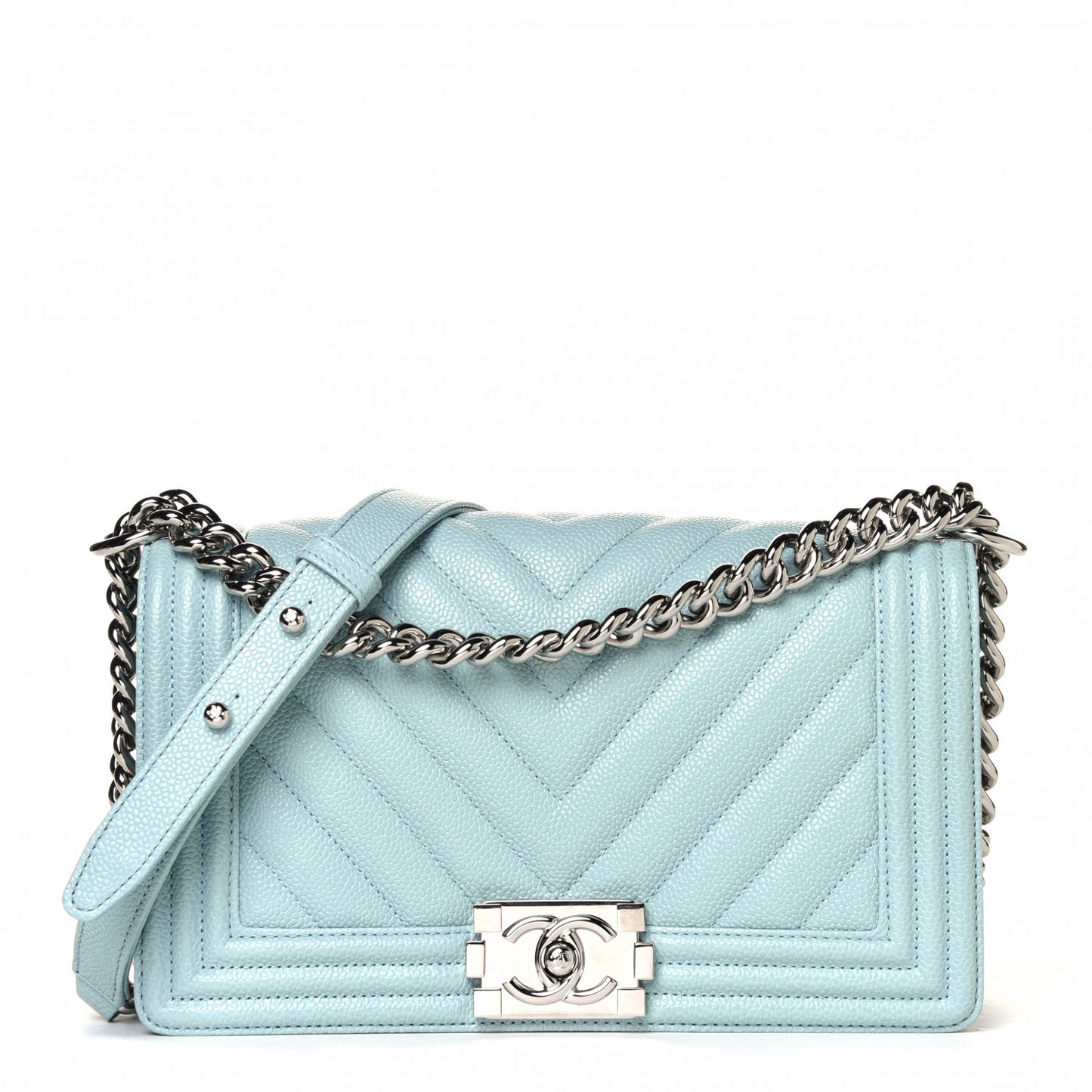 Caviar Chevron Quilted Medium Boy Flap Light Blue