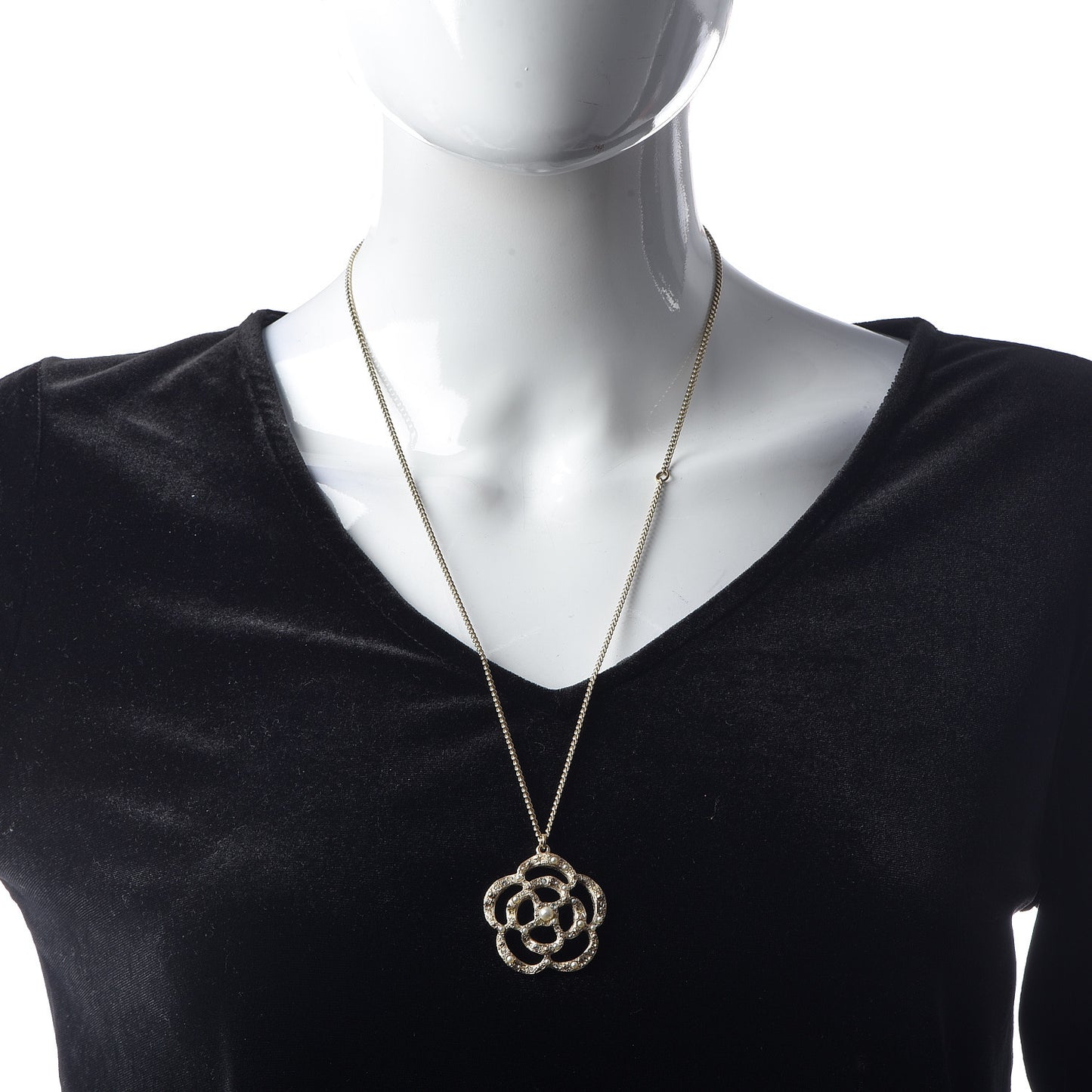 Pearl Crystal Large Camellia Pendant Necklace Light Gold
