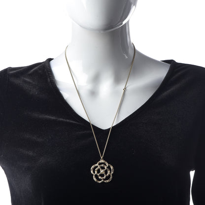 Chanel Pearl Crystal Large Camellia Pendant Necklace Light Gold 2 of 7