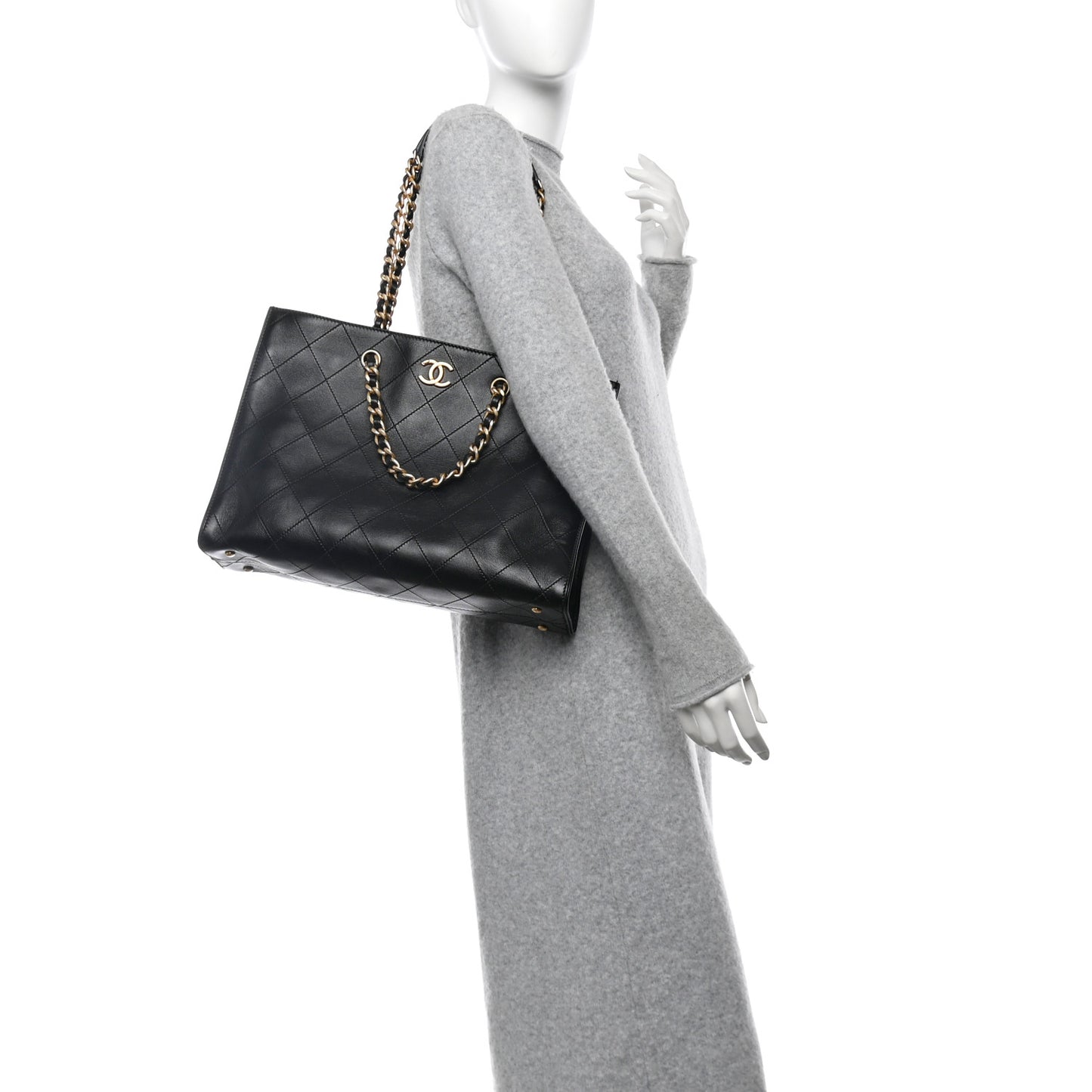 Calfskin Stitched Large Shopping Tote Black