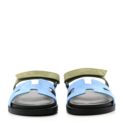 Hermes Suede Goatskin Womens Chypre Sandals 38 Bleu Cameo Vert 2 of 9