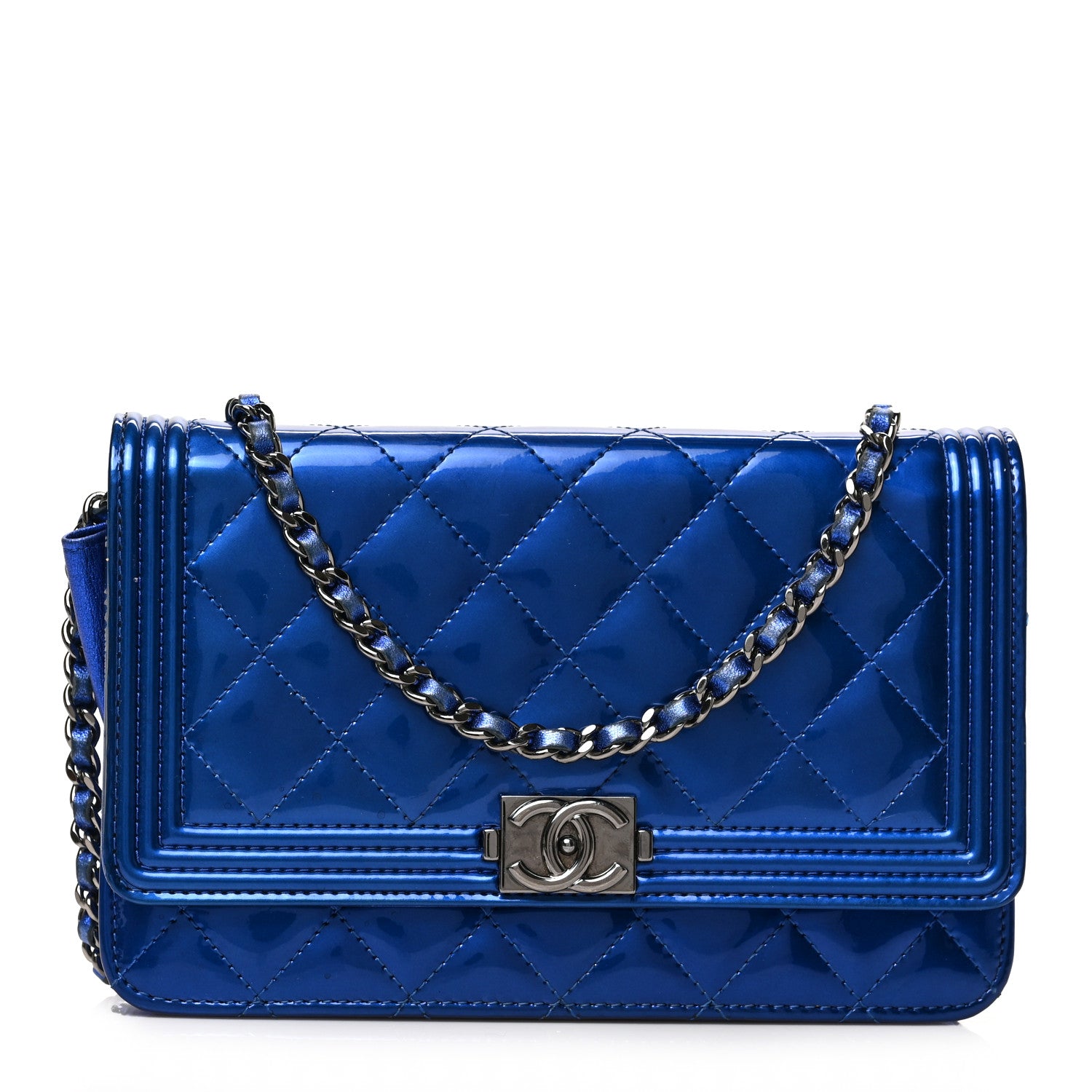 Chanel Metallic Patent Calfskin Quilted Boy Wallet on Chain WOC Blue 1 of 9