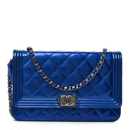 Chanel Metallic Patent Calfskin Quilted Boy Wallet on Chain WOC Blue 1 of 9