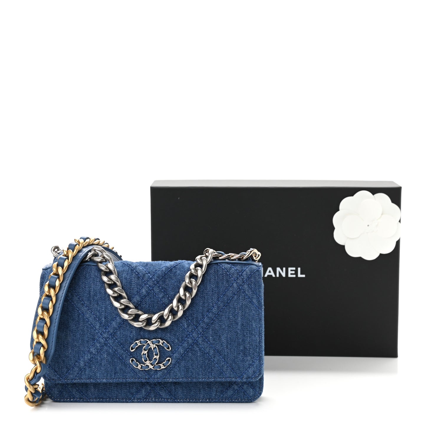 Denim Quilted Chanel 19 Wallet On Chain WOC Blue