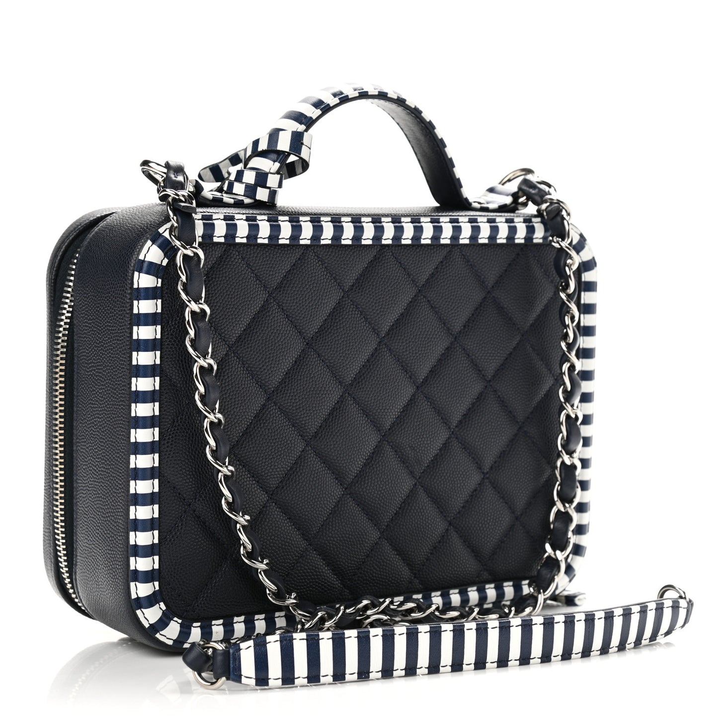 Caviar Quilted Striped Medium CC Filigree Vanity Case Navy White