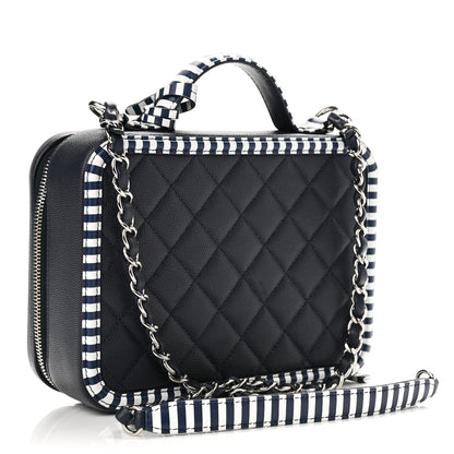 Chanel Caviar Quilted Striped Medium CC Filigree Vanity Case Navy White 3 of 11