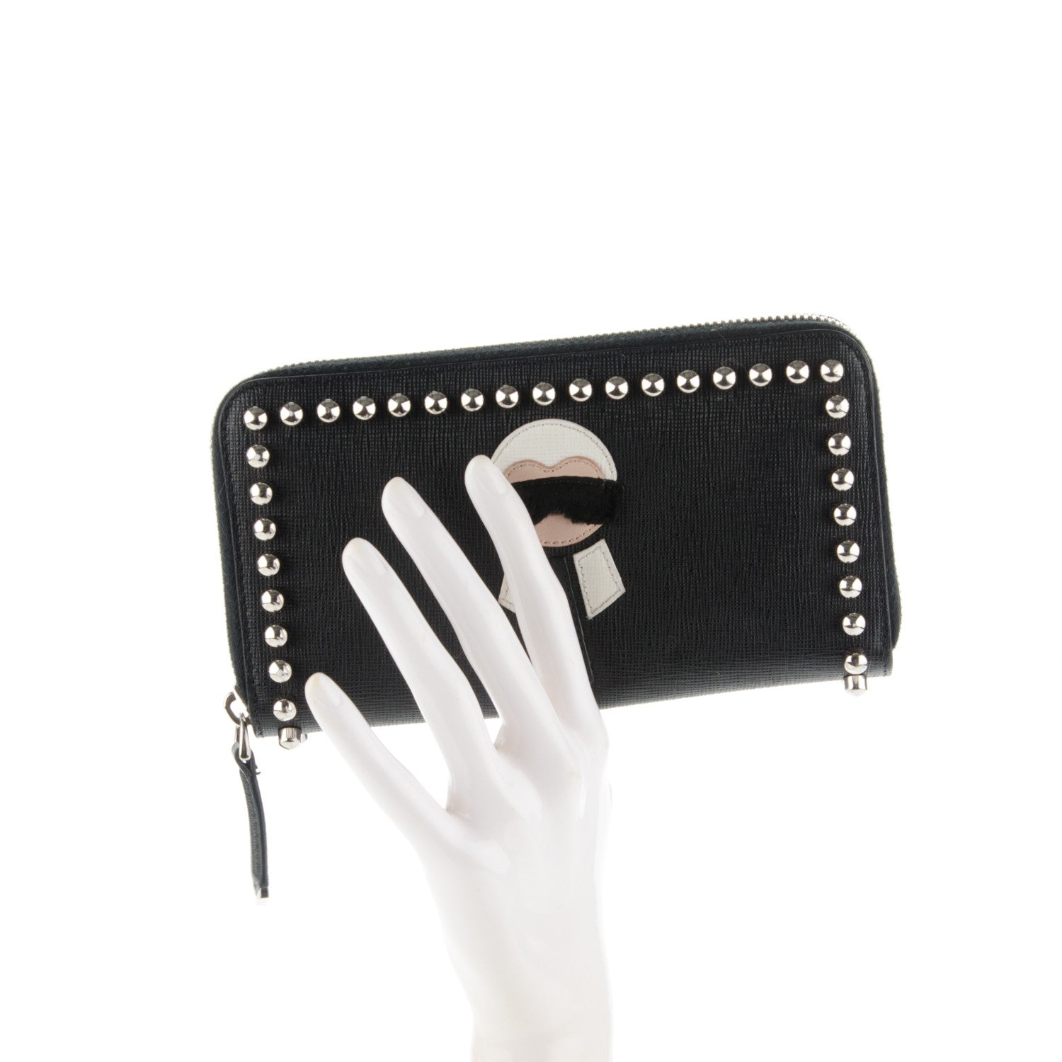 Fendi Vitello Elite Mink Fur Studded Karlito Zip Around Wallet Black 2 of 9