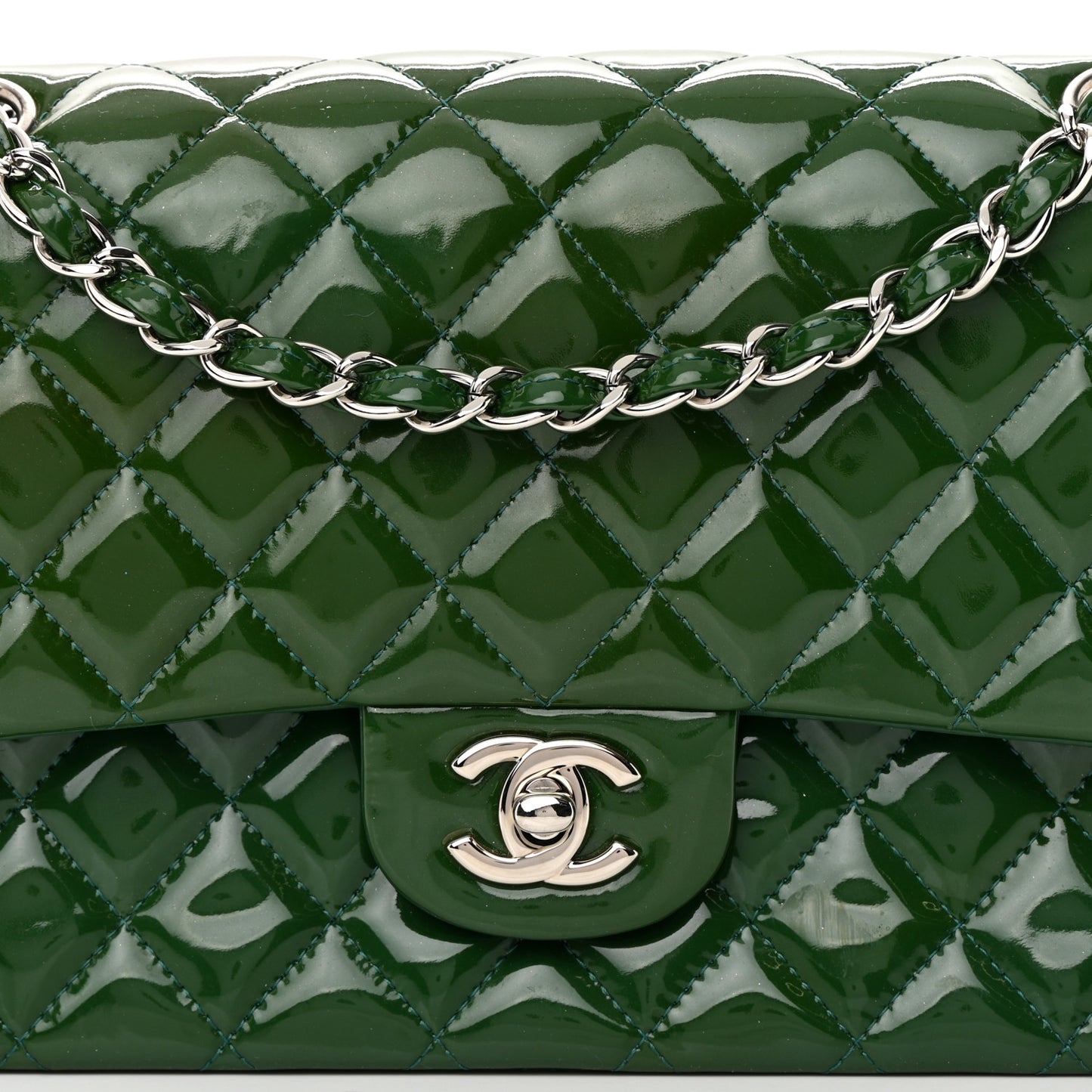 Patent Calfskin Quilted Medium Double Flap Green