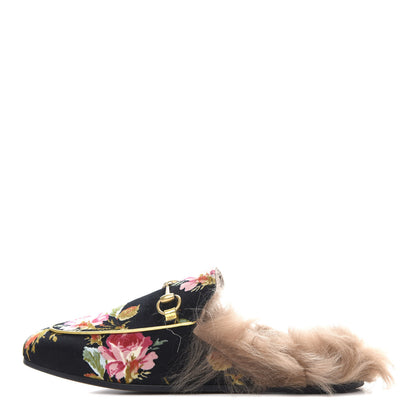 Gucci Velvet Fur Floral Womens Princetown Slippers 37 Black 1 of 11