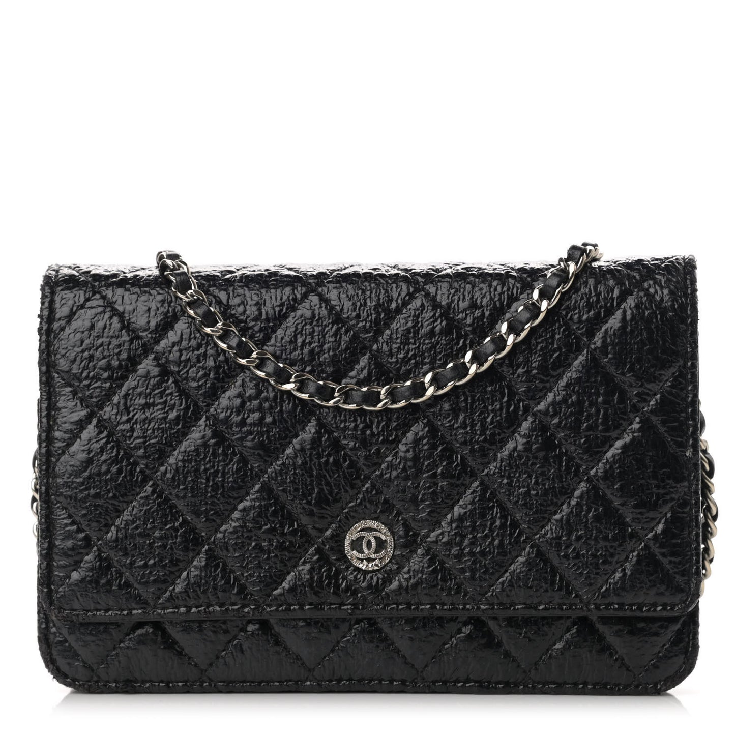 Distressed Patent Calfskin Quilted Wallet on Chain WOC Black
