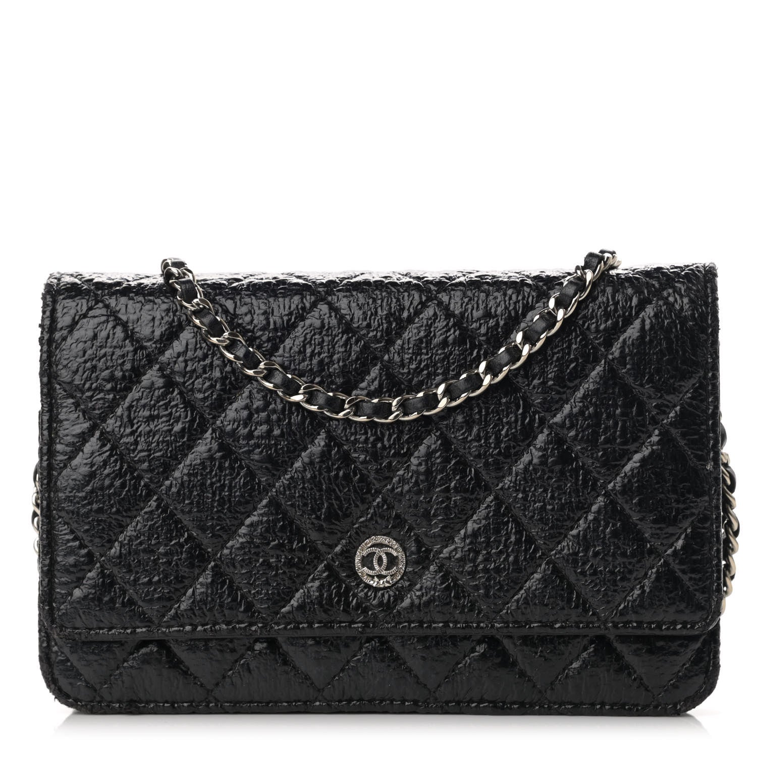 Chanel Distressed Patent Calfskin Quilted Wallet on Chain WOC Black 1 of 11