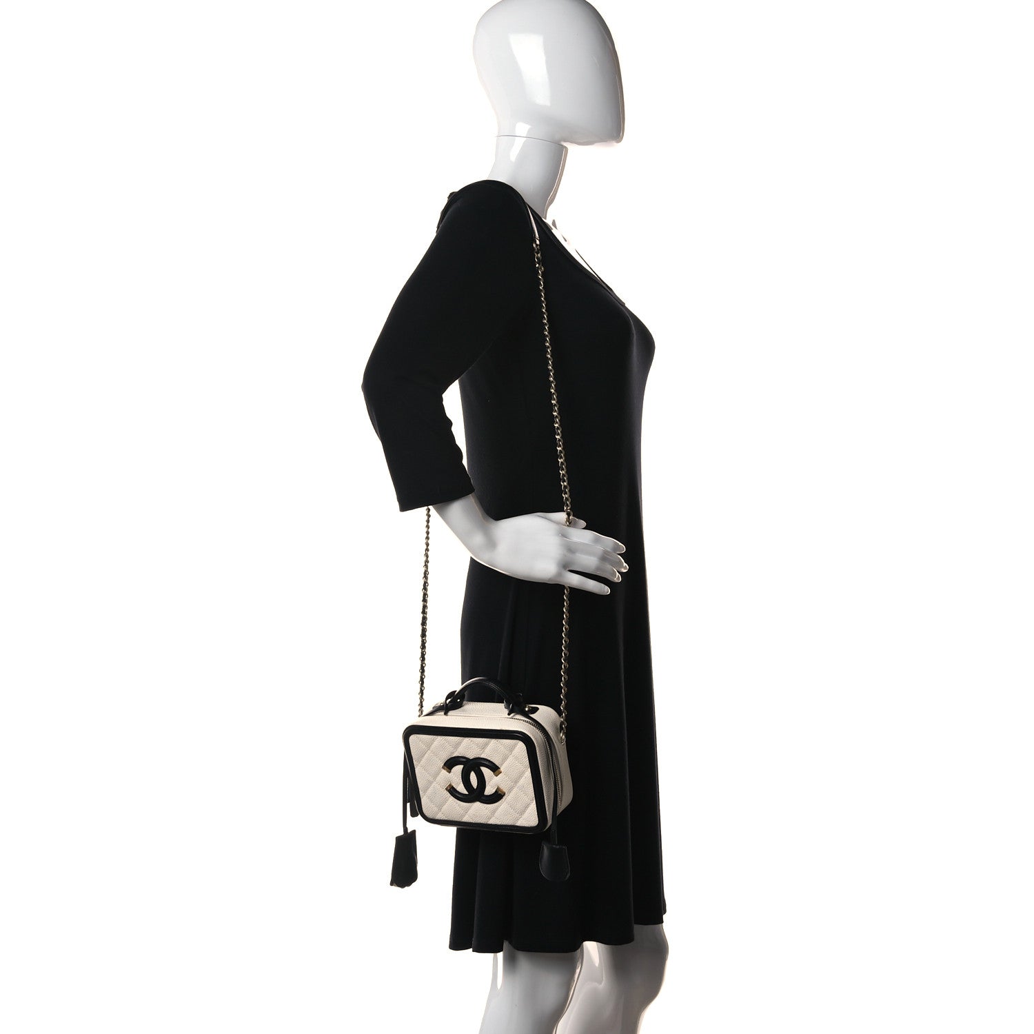 Chanel Caviar Quilted Small CC Filigree Vanity Case White Black 2 of 10