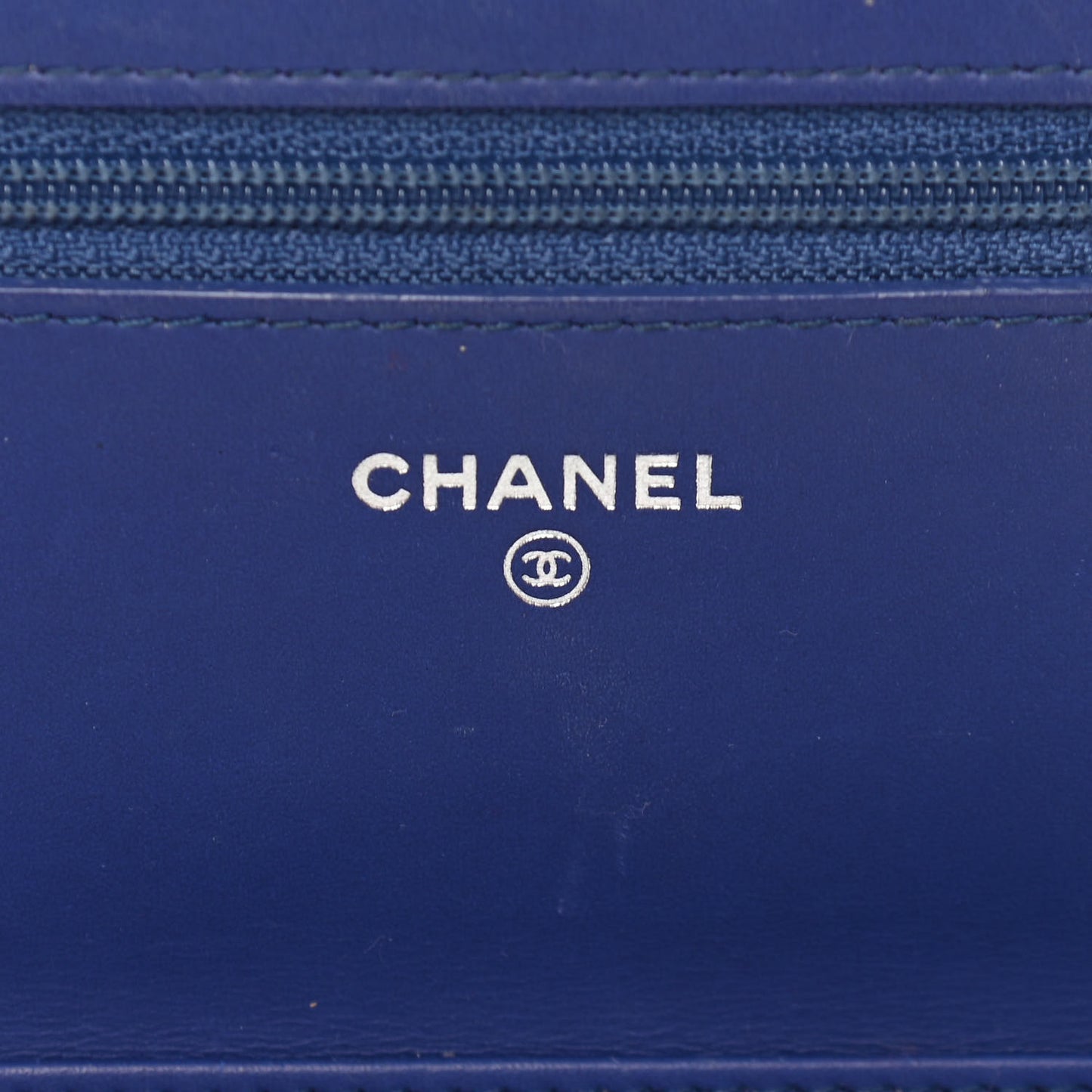 Grained Patent Calfskin Timeless Wallet On Chain WOC Blue