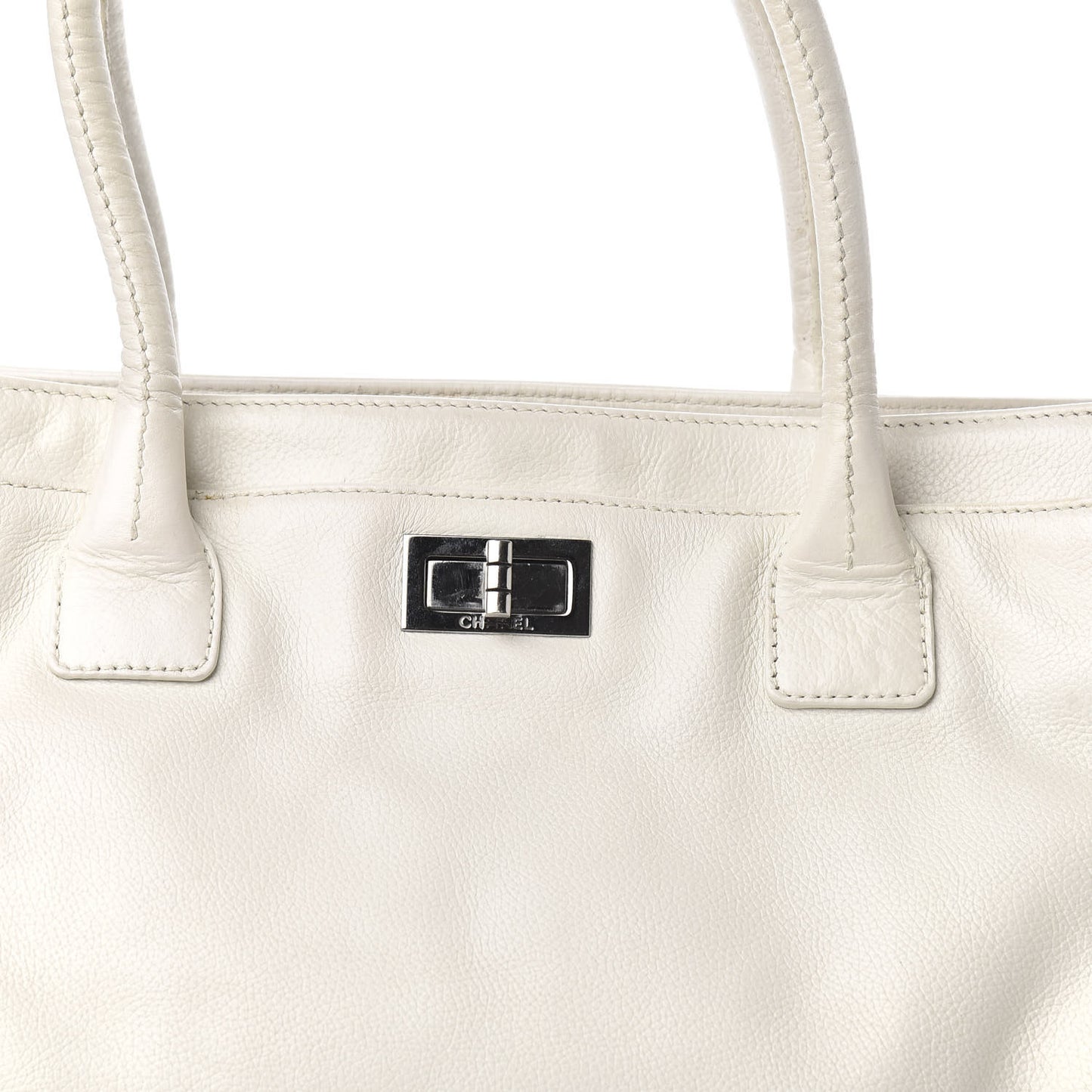 Calfskin Mademoiselle Lock Cerf Shopper Tote White