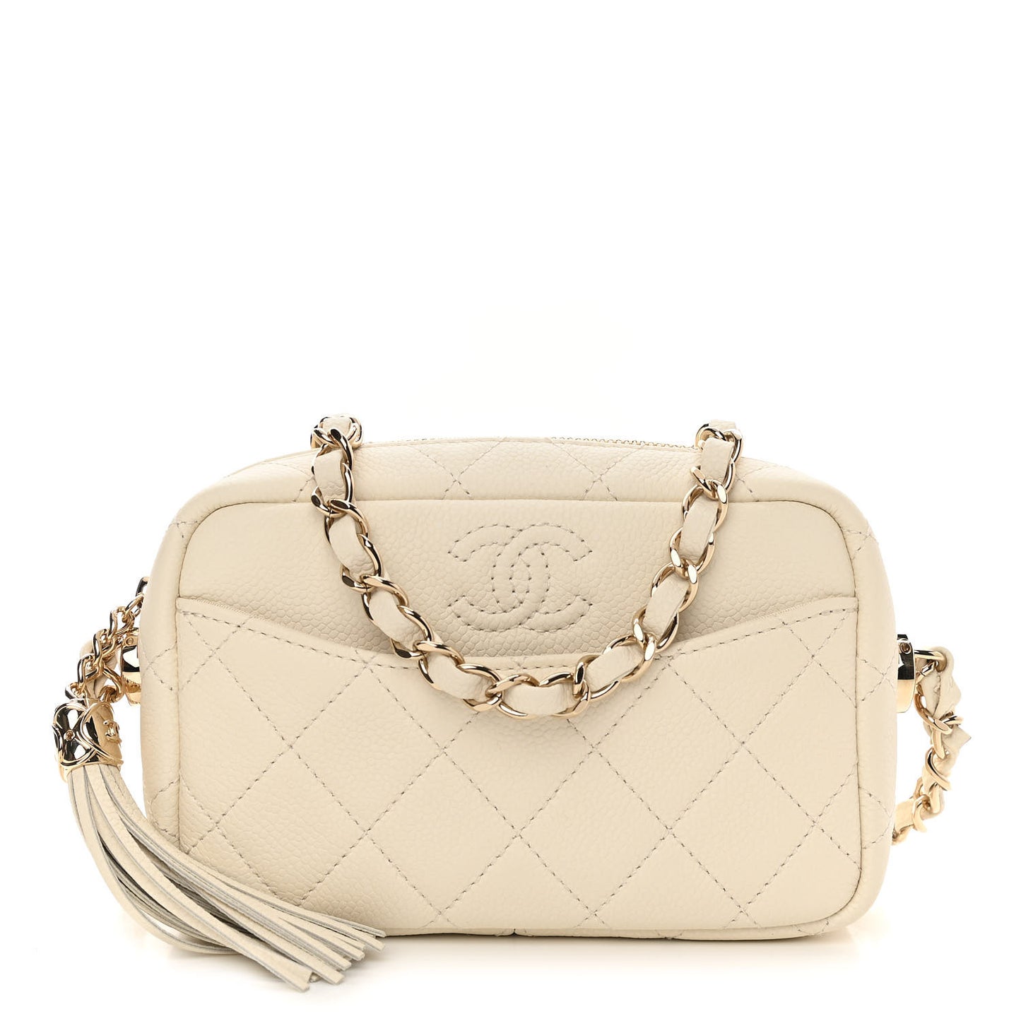 Caviar Quilted Mini Coco Tassel Camera Case White