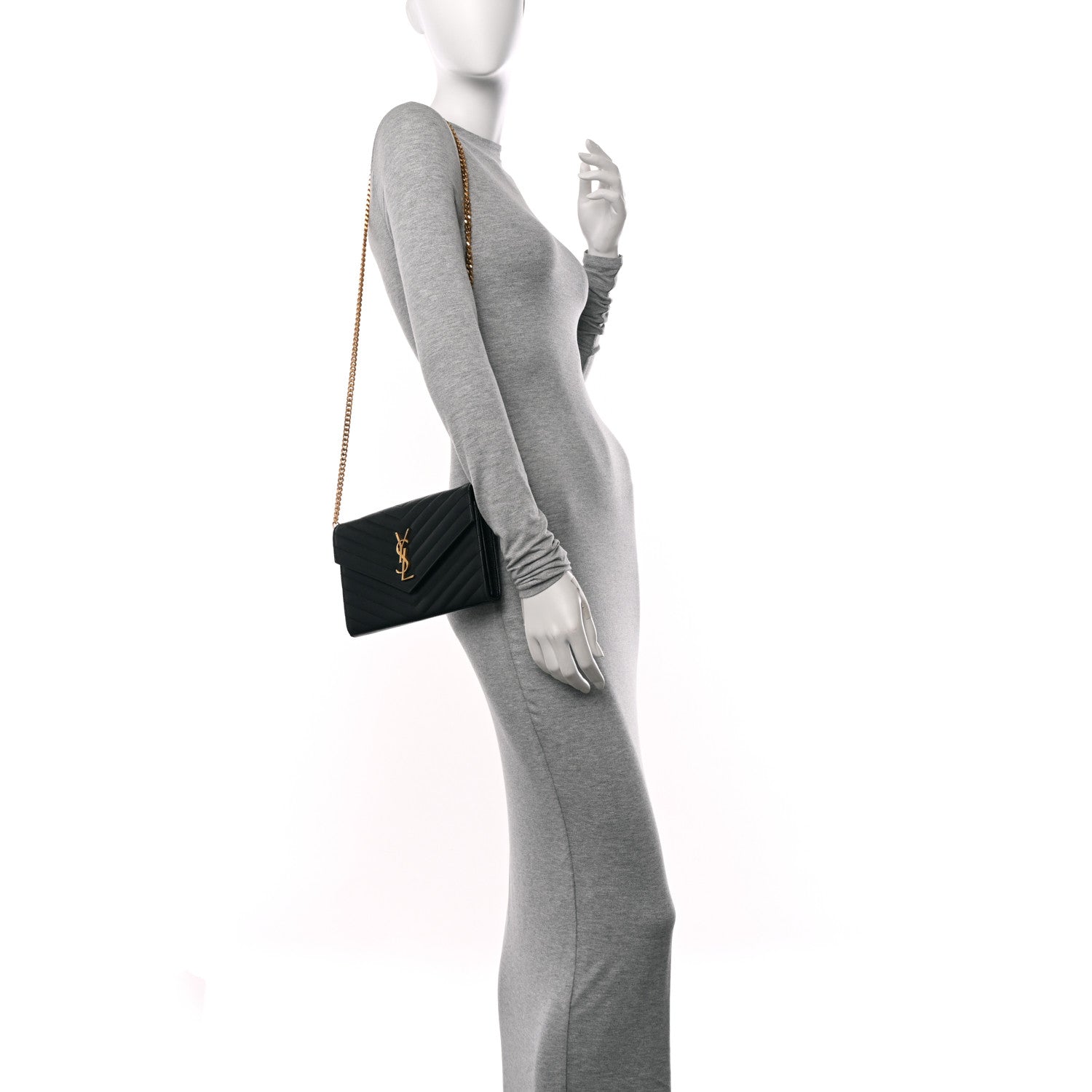 Saint Laurent Grain De Poudre Matelasse Chevron Monogram Chain Wallet Black 2 of 13