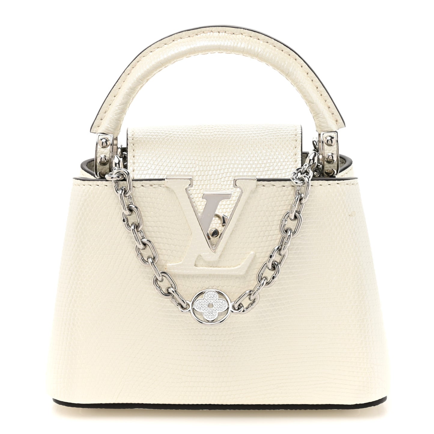 Taurillon Lizard Flower Chain Capucines Nano Ivory Sparkle