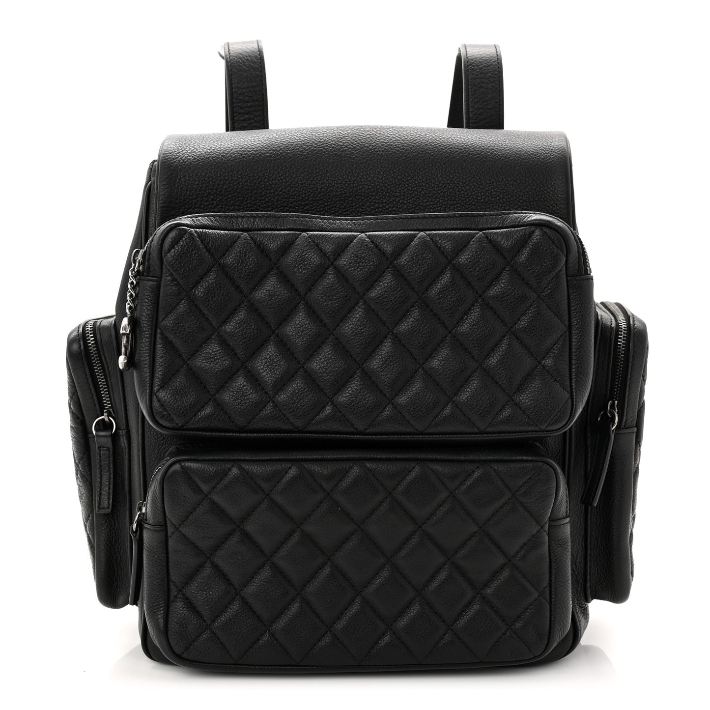 Grained Calfskin Quilted Large Casual Rock Backpack Black