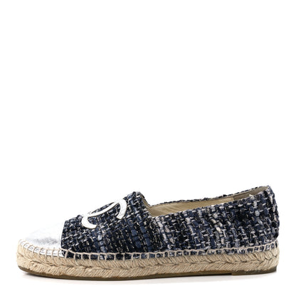 Chanel Metallic Tweed Lambskin CC Espadrilles 37 Blue Black Silver 1 of 9