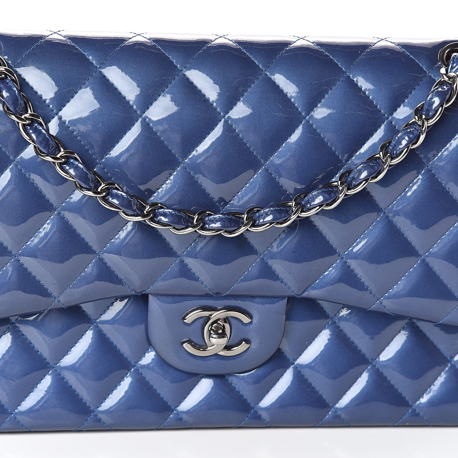 Chanel Patent Quilted Jumbo Double Flap Blue 8 of 13