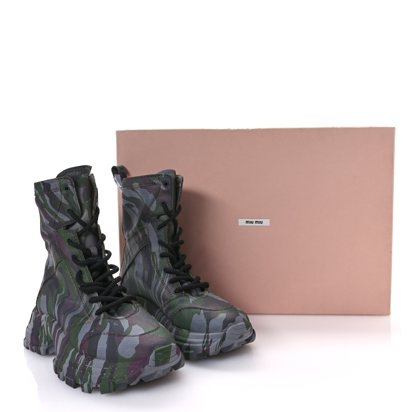 Crackled Calfskin Camo Print Platform Combat Boots 41 Multicolor