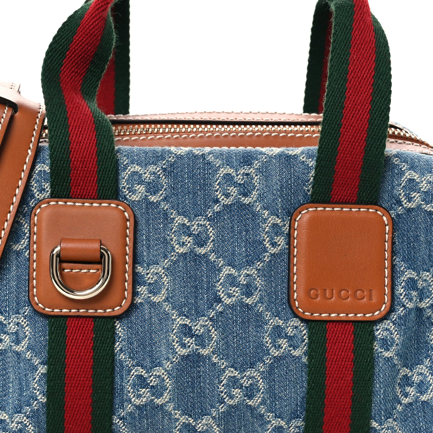 GG Denim Calfskin Web Mini GG Top Handle Bag Light Blue White