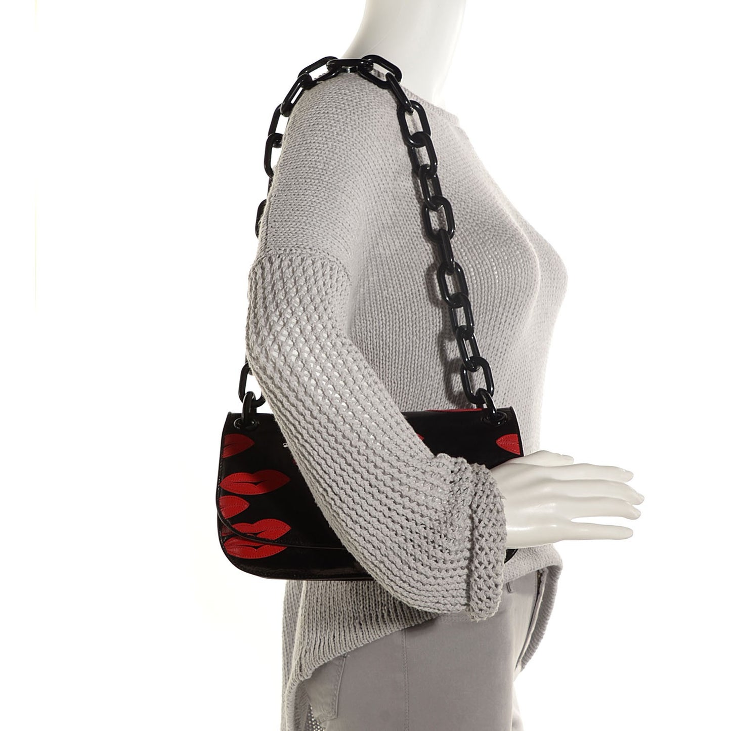 Madras Embroidered Lips Flap Bag Nero Rosso