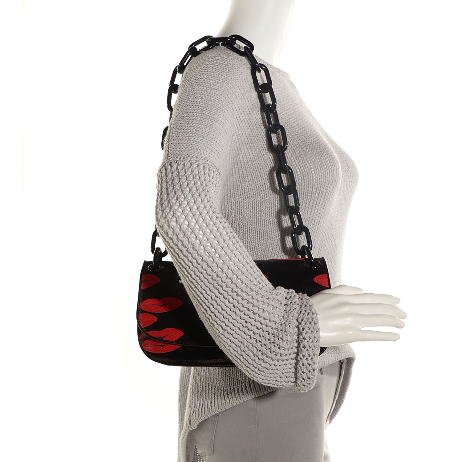 Prada Madras Embroidered Lips Flap Bag Nero Rosso 2 of 9