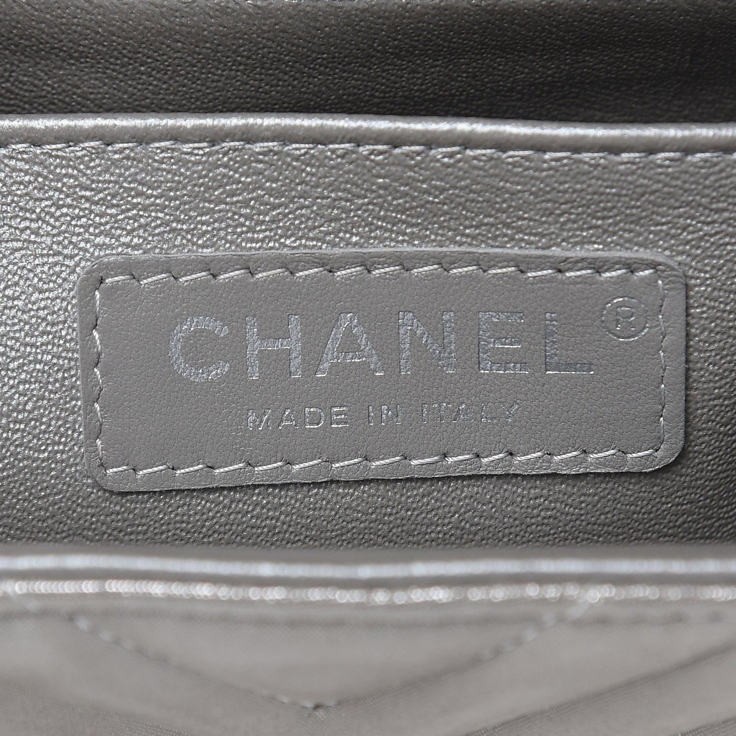 Iridescent Calfskin Chevron Quilted Mini Square Flap Silver