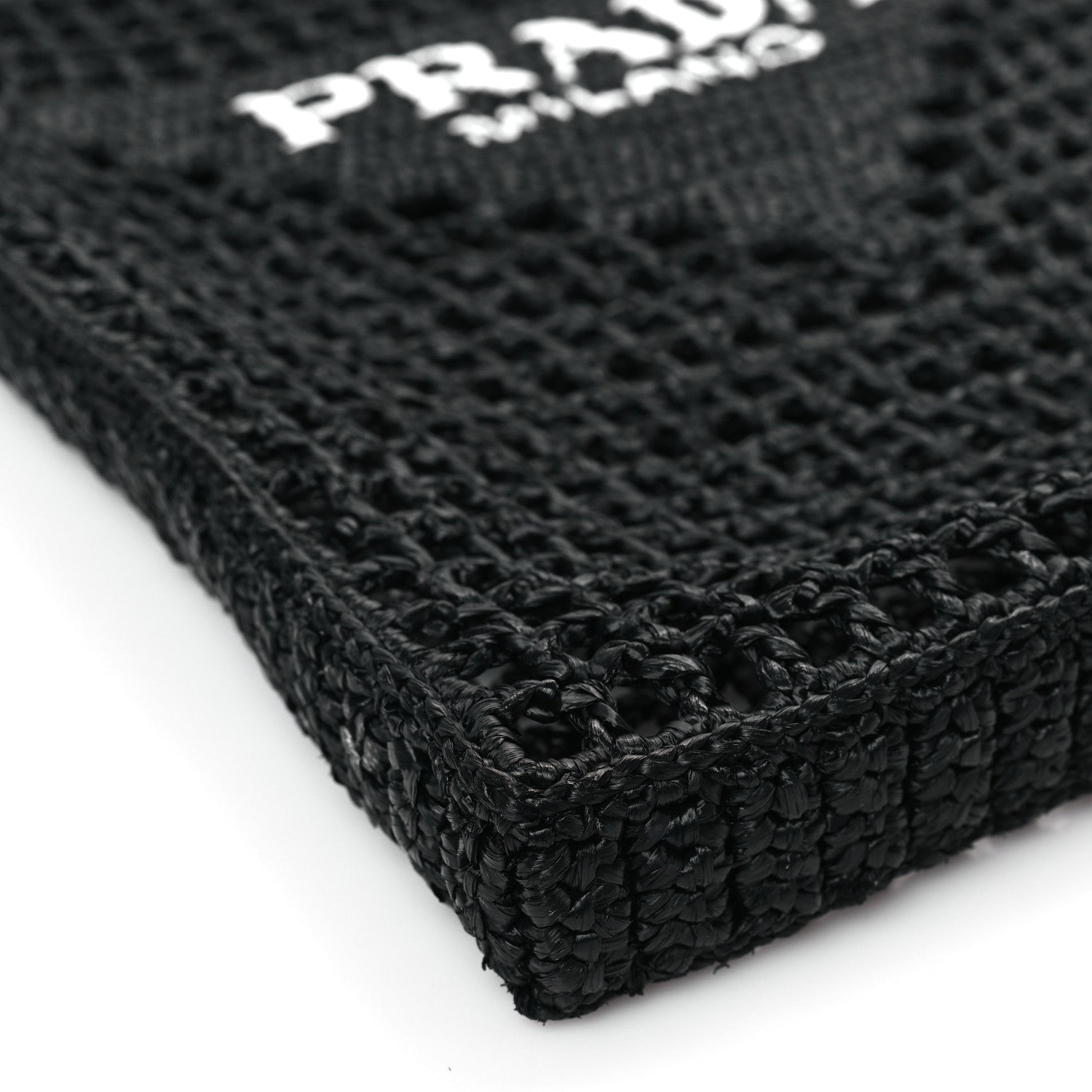 Prada Yarn Raffia Effect Crochet Logo Embroidered Tote Bag Black 7 of 8