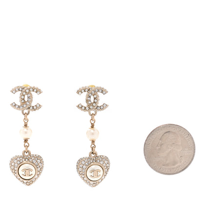 Chanel Pearl Crystal CC Heart Drop Earrings Gold White 2 of 4