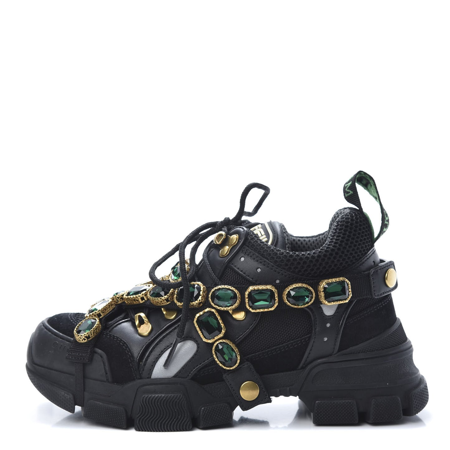 X SEGA Mesh Suede Calfskin Removable Crystals Womens Flashtrek Sneakers 36.5 Black Silver