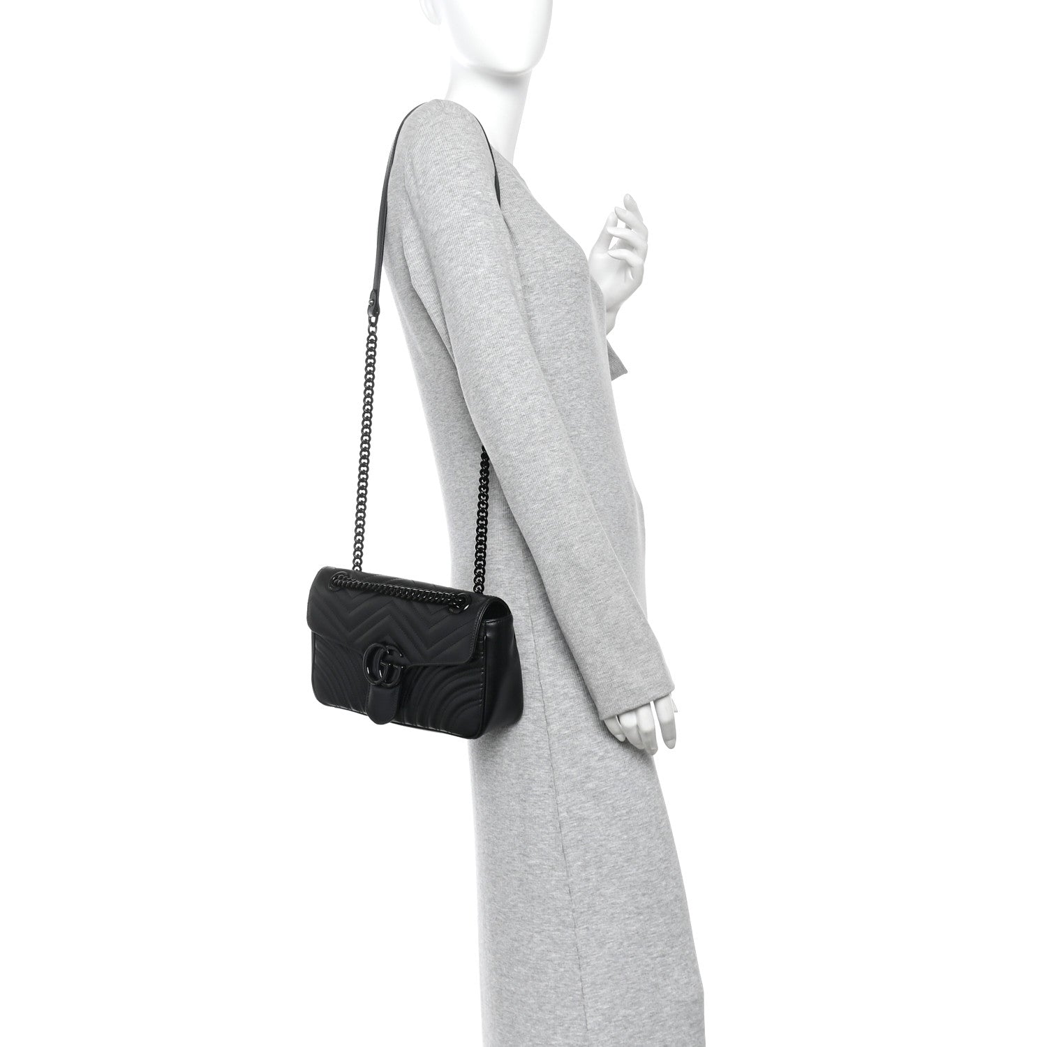 Gucci Calfskin Matelasse Monochrome Small GG Marmont Shoulder Bag Black Black 2 of 10