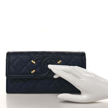 Chanel Caviar Quilted Filigree Large Gusset Flap Wallet Navy 2 of 7