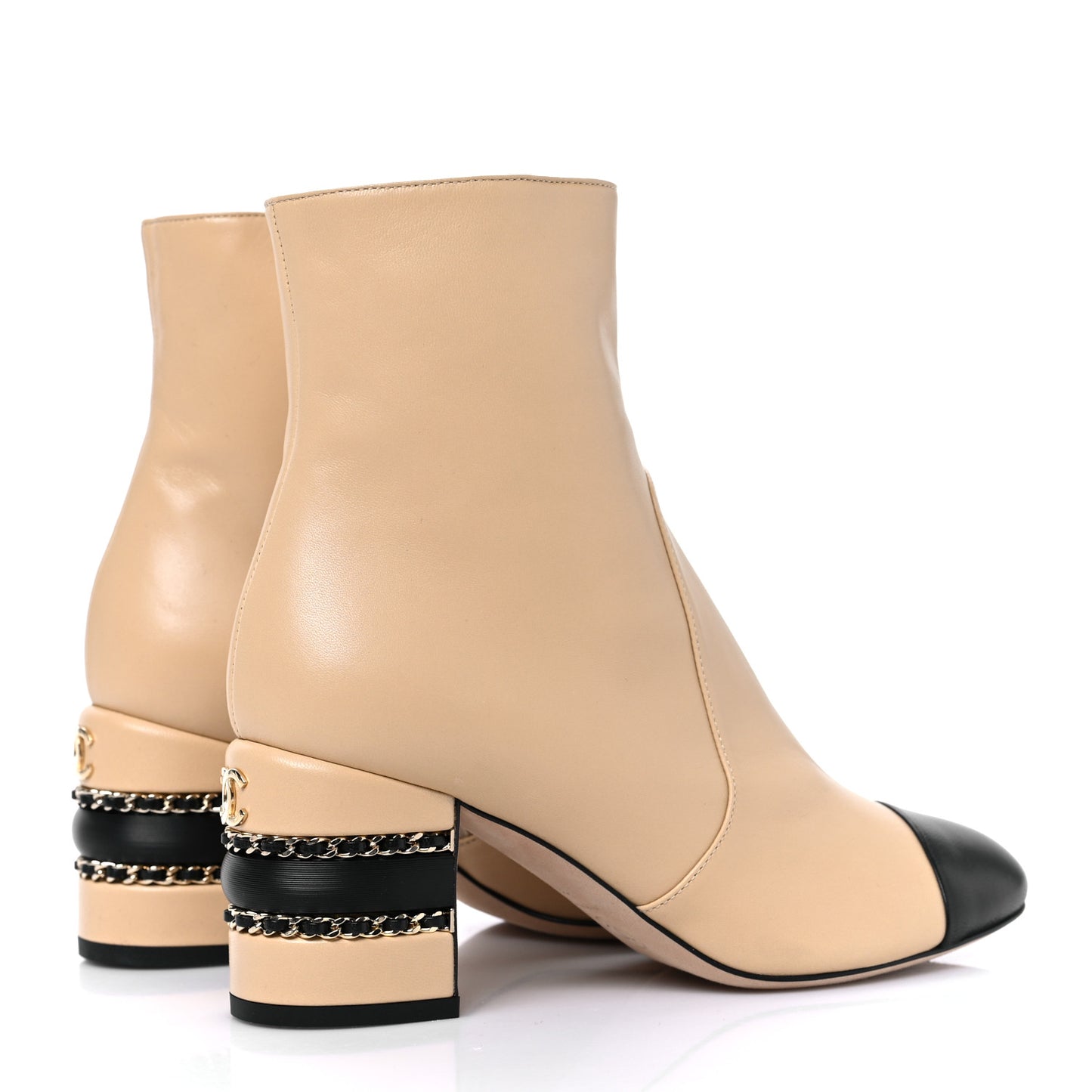 Lambskin Double Stack Chain Cap Toe Boots 36.5 Beige Black